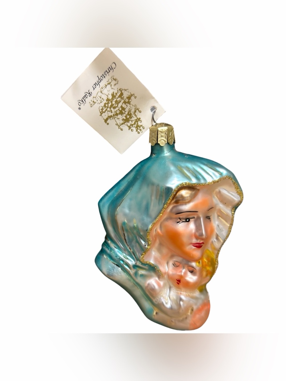 Christopher Radko Vintage 1992 Glass Christmas Ornament Madonna And Child Teal